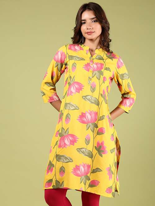 women yellow three quarter sleeve straight kurta - 21794700 -  Standard Image - 0