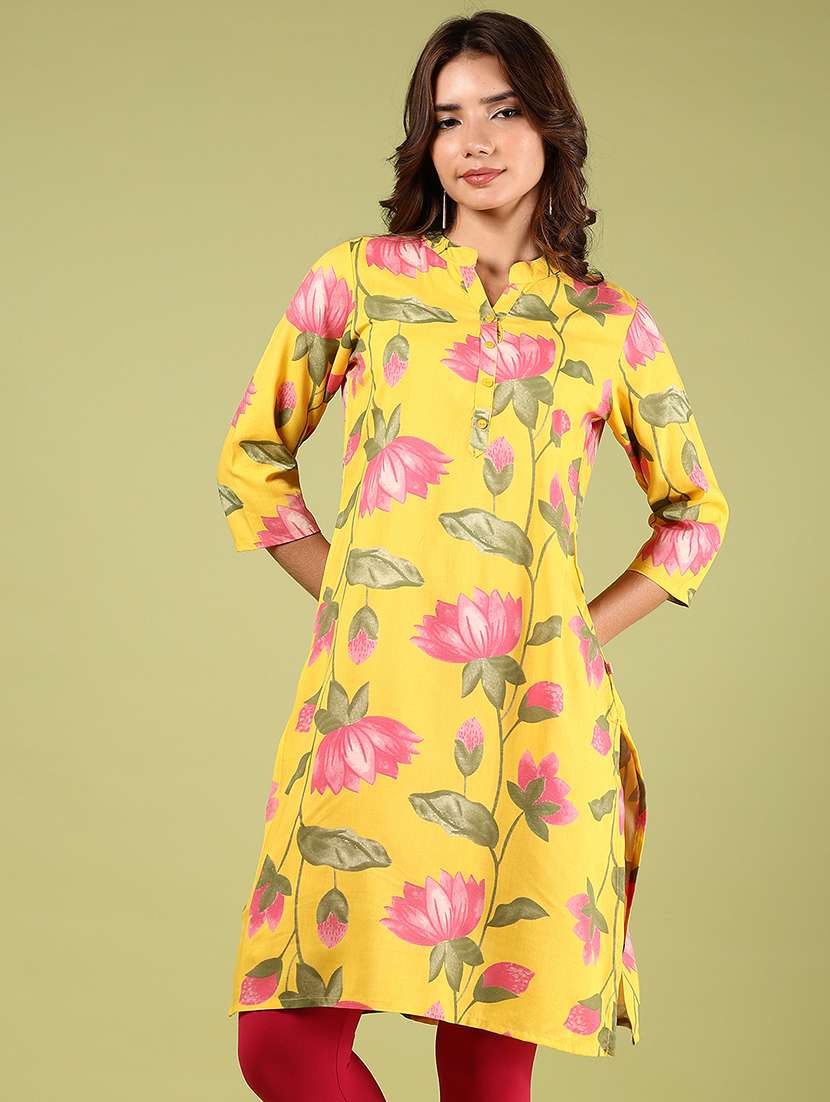 women yellow three quarter sleeve straight kurta - 21794700 -  Zoom Image - 0