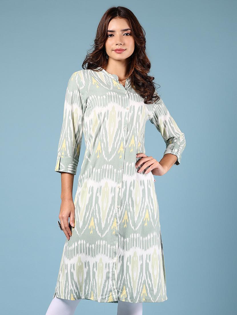 women grey ikat three quarter sleeve a-line kurta - 21794702 - Zoom Image - 0