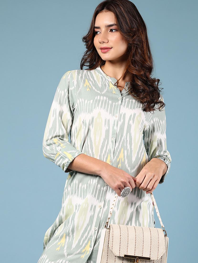 women grey ikat three quarter sleeve a-line kurta - 21794702 - Standard Image - 2