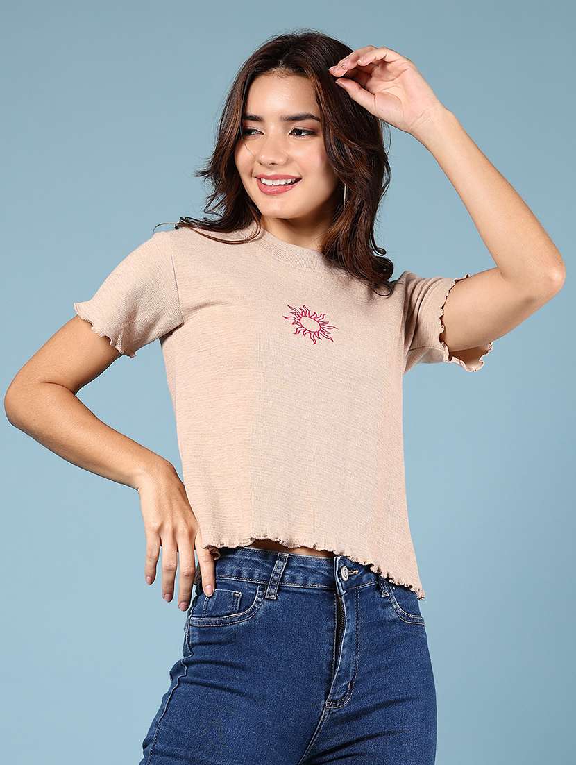 women printed short sleeve regular fit crop top - 21794762 - Standard Image - 2