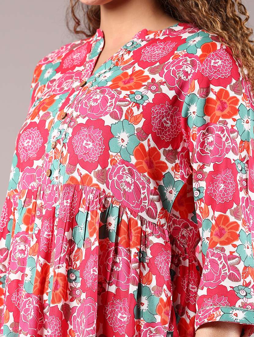 women floral print mandarin neck a-line dress - 21794925 - Standard Image - 2