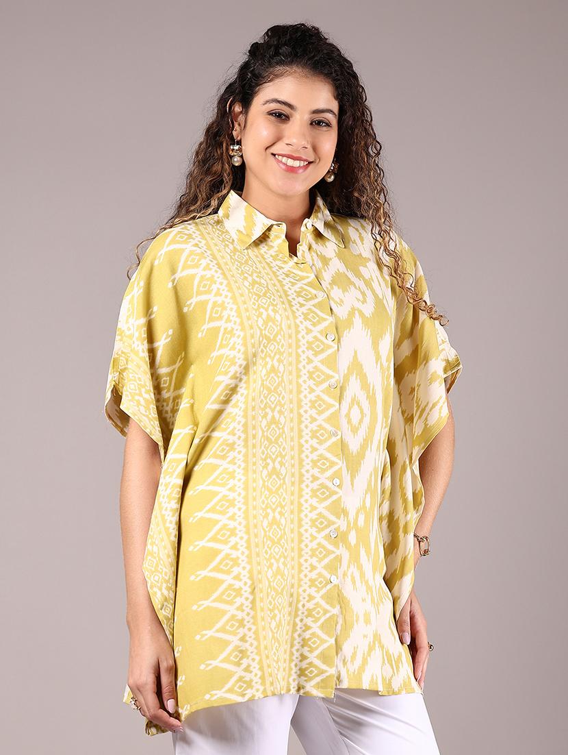 women printed collared kimono sleeve shirt style top - 21794950 - Standard Image - 2