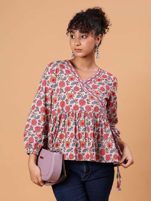 women floral printed v neck peplum top - 21795043 - Standard Image - 0