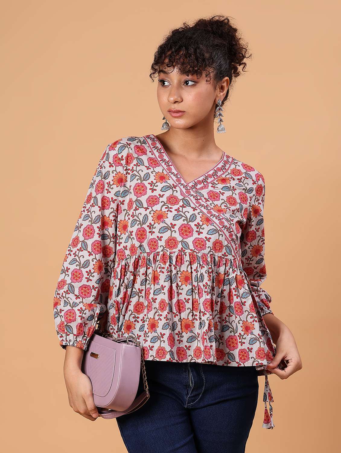 women floral printed v neck peplum top - 21795043 - Zoom Image - 0
