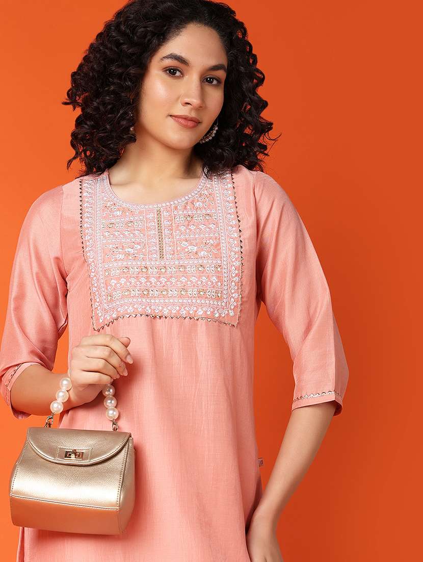 women peach three quarter sleeve straight kurta - 21795045 -  Standard Image - 2