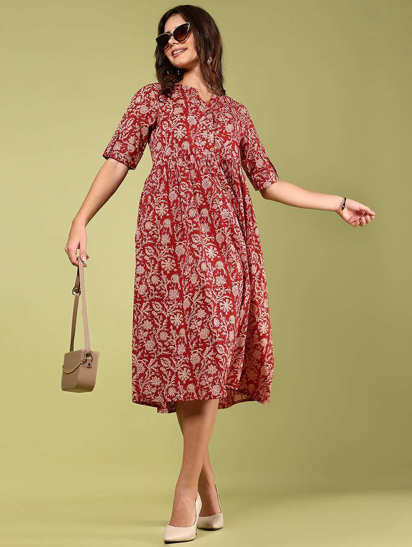 women red printed short sleeve a-line ethnic dress
