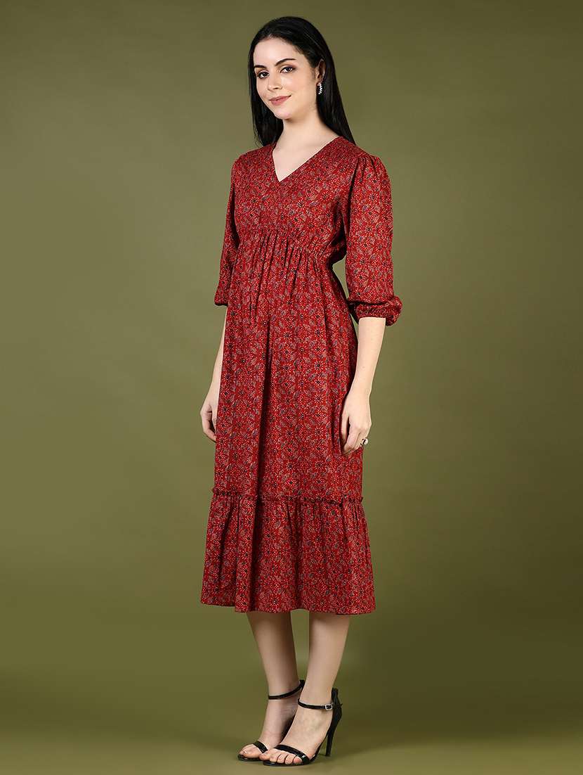 women red printed three quarter sleeve tiered ethnic dress - 21795076 -  Standard Image - 2