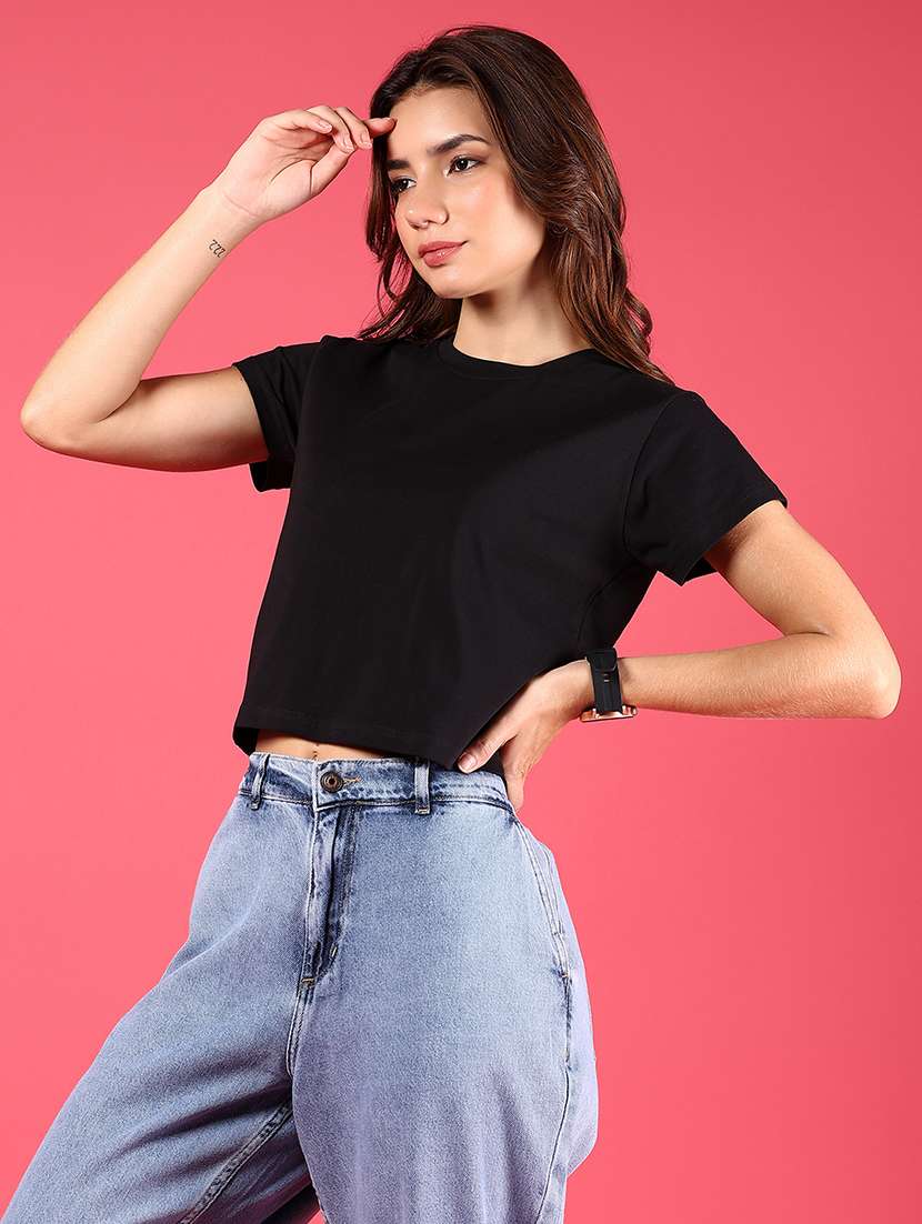 women solid short sleeves crop t-shirt - 21795108 -  Standard Image - 2