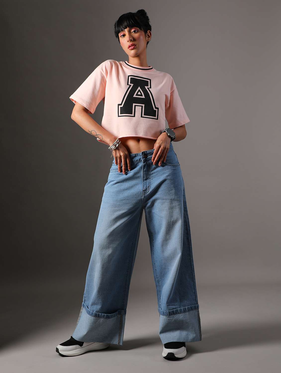 women solid high rise wide leg jeans