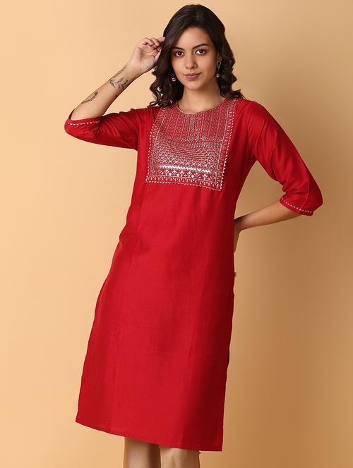 red embroidered straight kurta with round neck - 21795257 -  Standard Image - 0