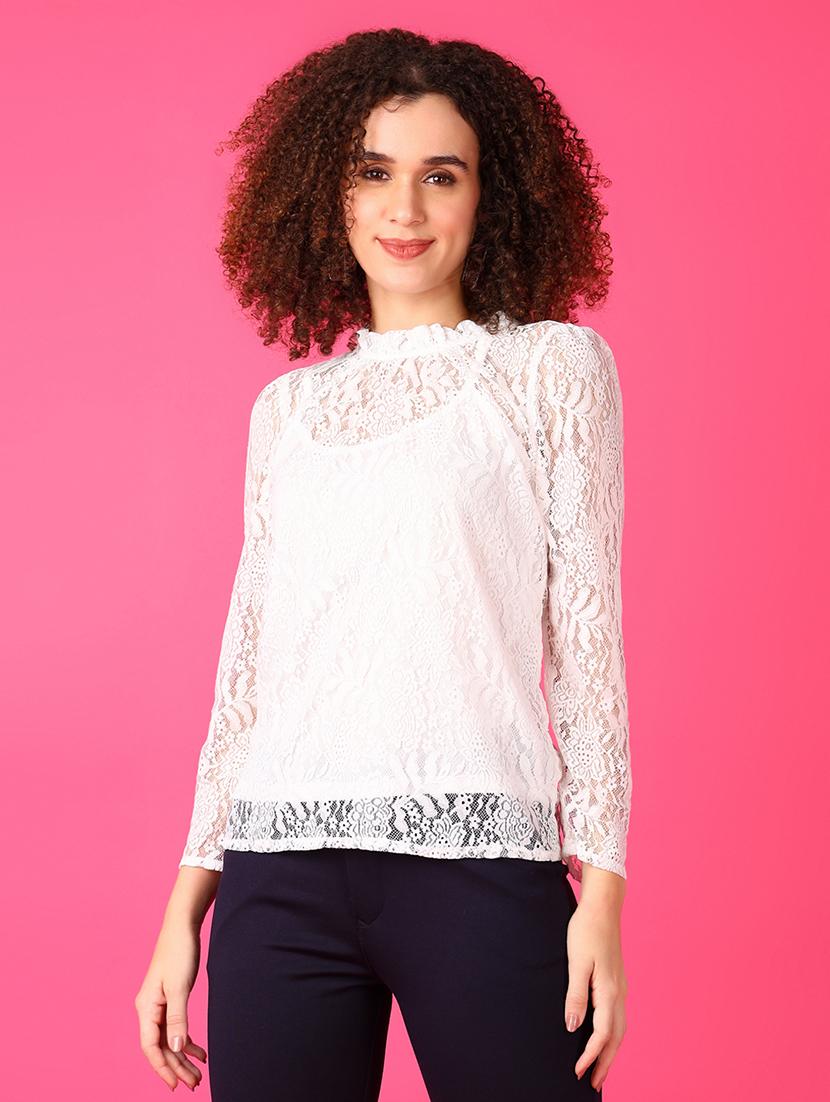 women white mock neck long sleeve lace top - 21795295 - Zoom Image - 0