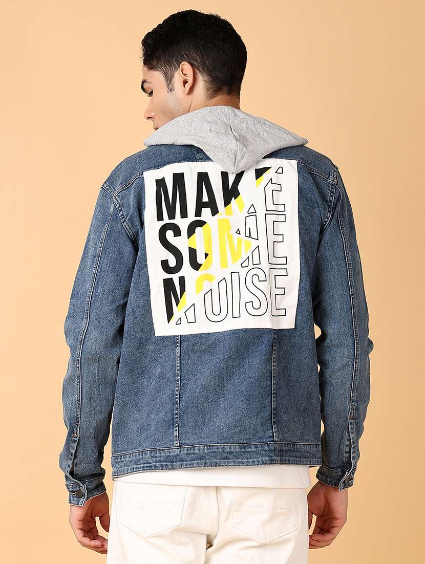 men typographic long sleeve hooded denim jacket