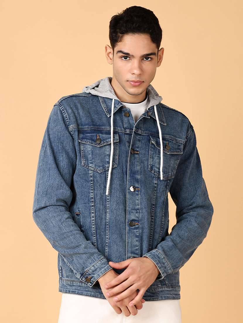 men typographic long sleeve hooded denim jacket - 21795314 - Standard Image - 2