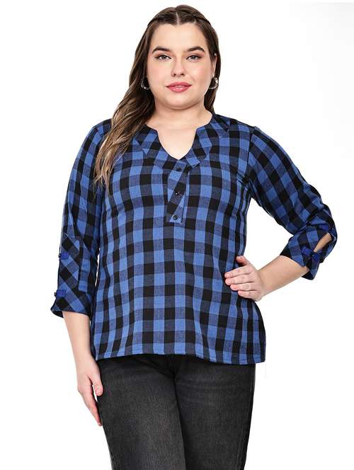 women plus size checkered notch neck top - 21796558 -  Standard Image - 0
