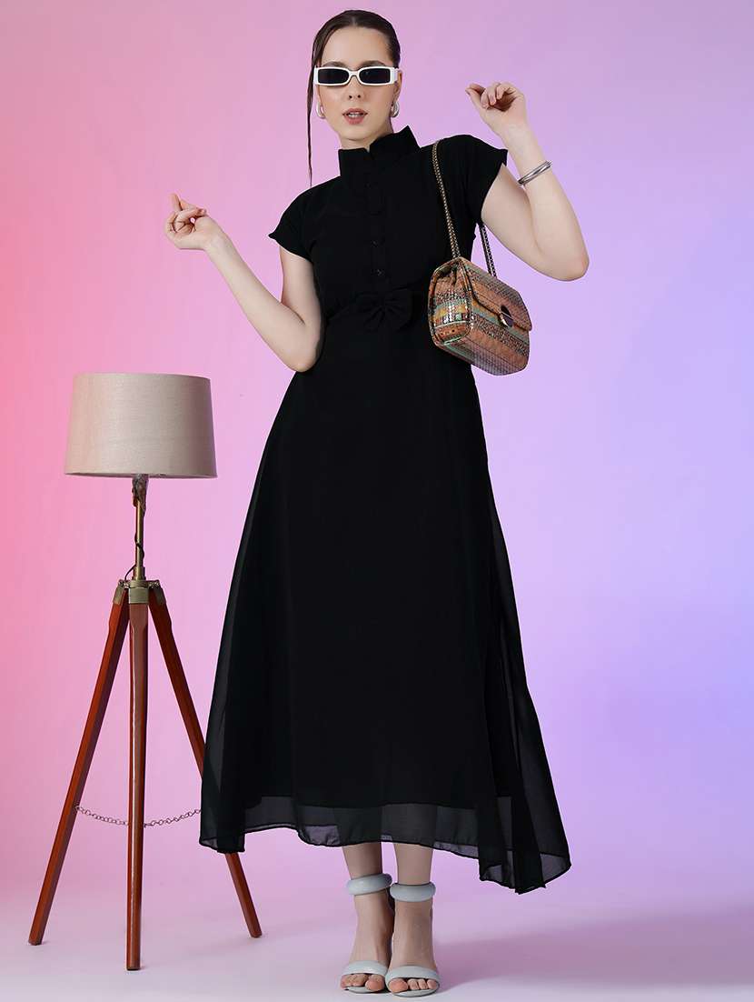 women mandarin neck fit & flared maxi dress - 21796577 - Zoom Image - 0
