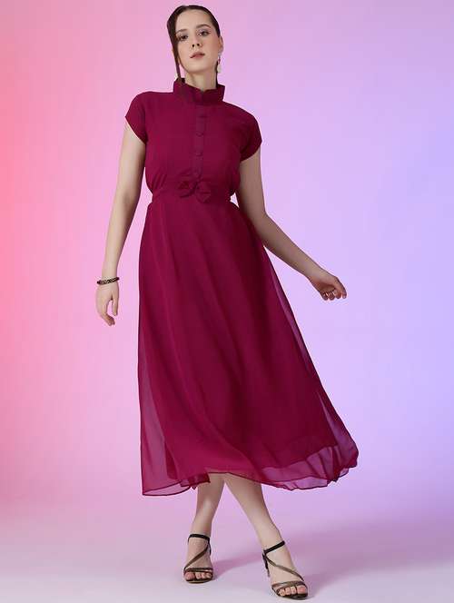 women mandarin neck fit & flared maxi dress - 21796579 - Standard Image - 0