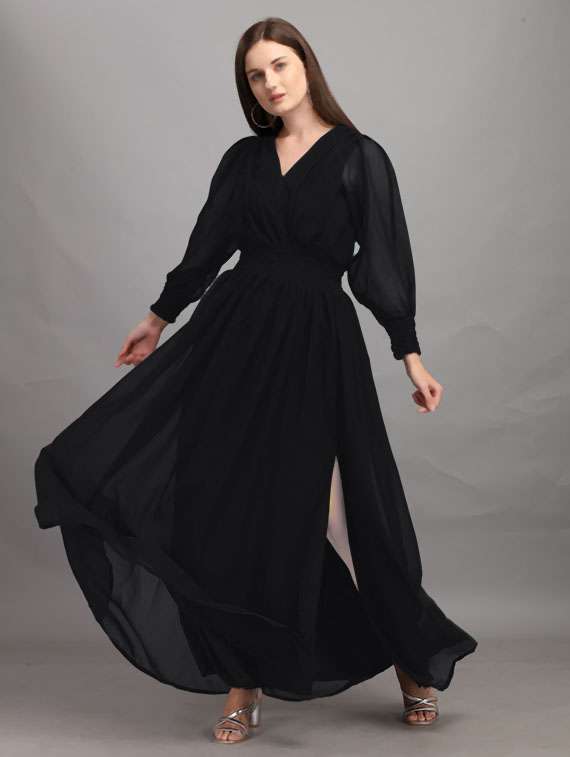 women puff sleeves high slit fit & flared maxi dress