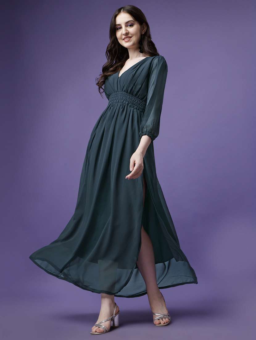women puff sleeves high slit fit & flare dress
