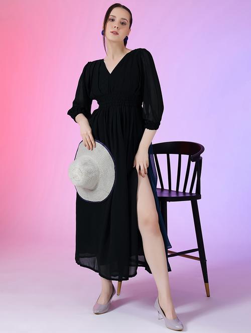 women puff sleeves high slit fit & flare dress - 21796619 -  Standard Image - 0