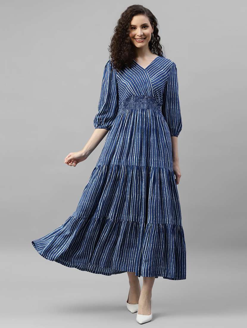 women striped puff sleeves overlap neck tiered dress