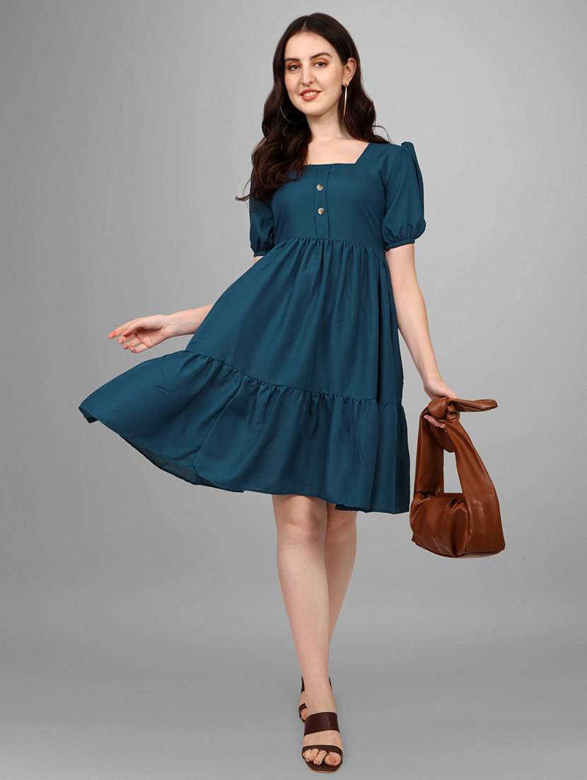 women puff sleeves round neck tiered dress
