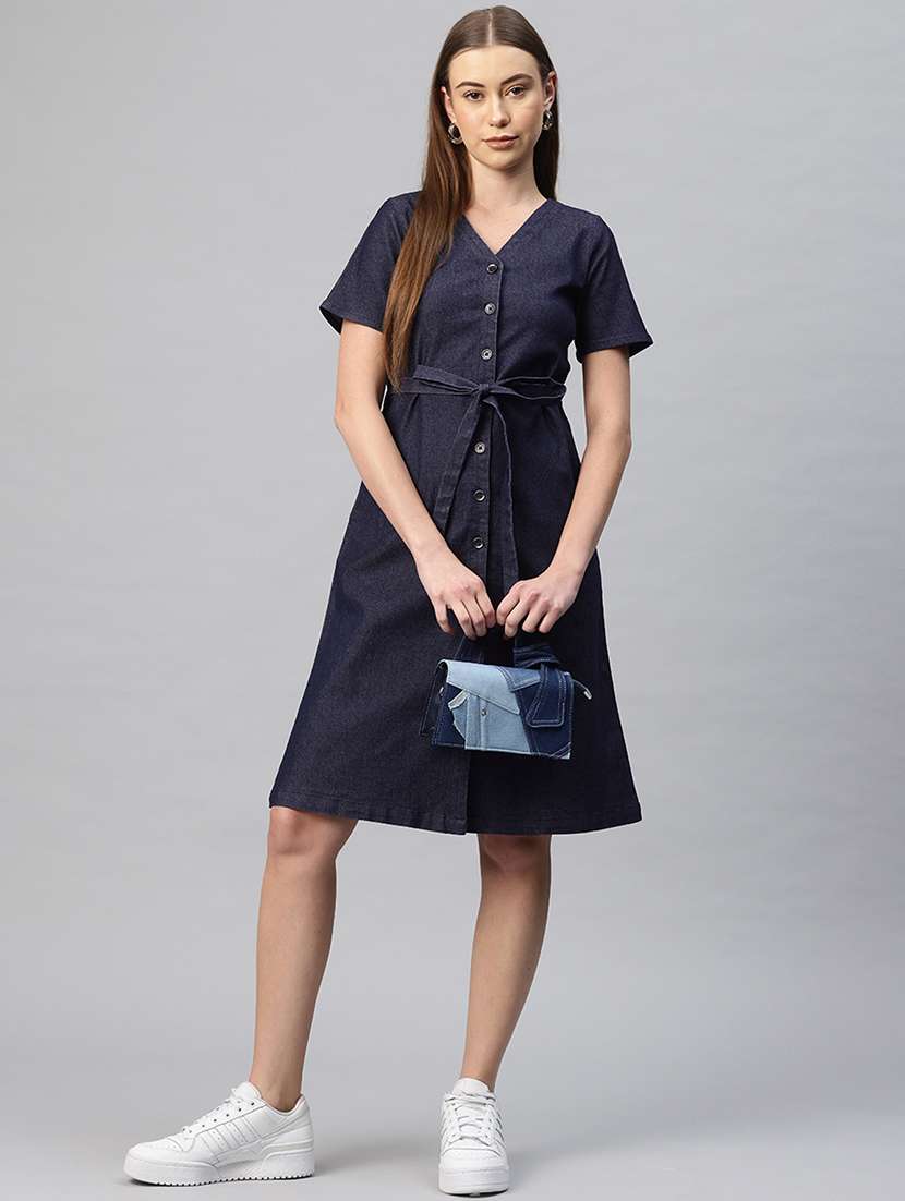 women solid short sleeves denim a-line dress