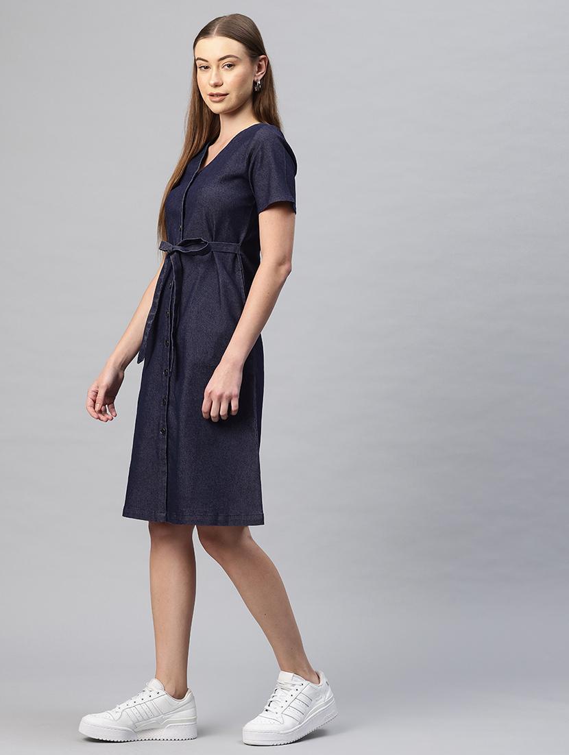 women solid short sleeves denim a-line dress - 21796767 - Standard Image - 2