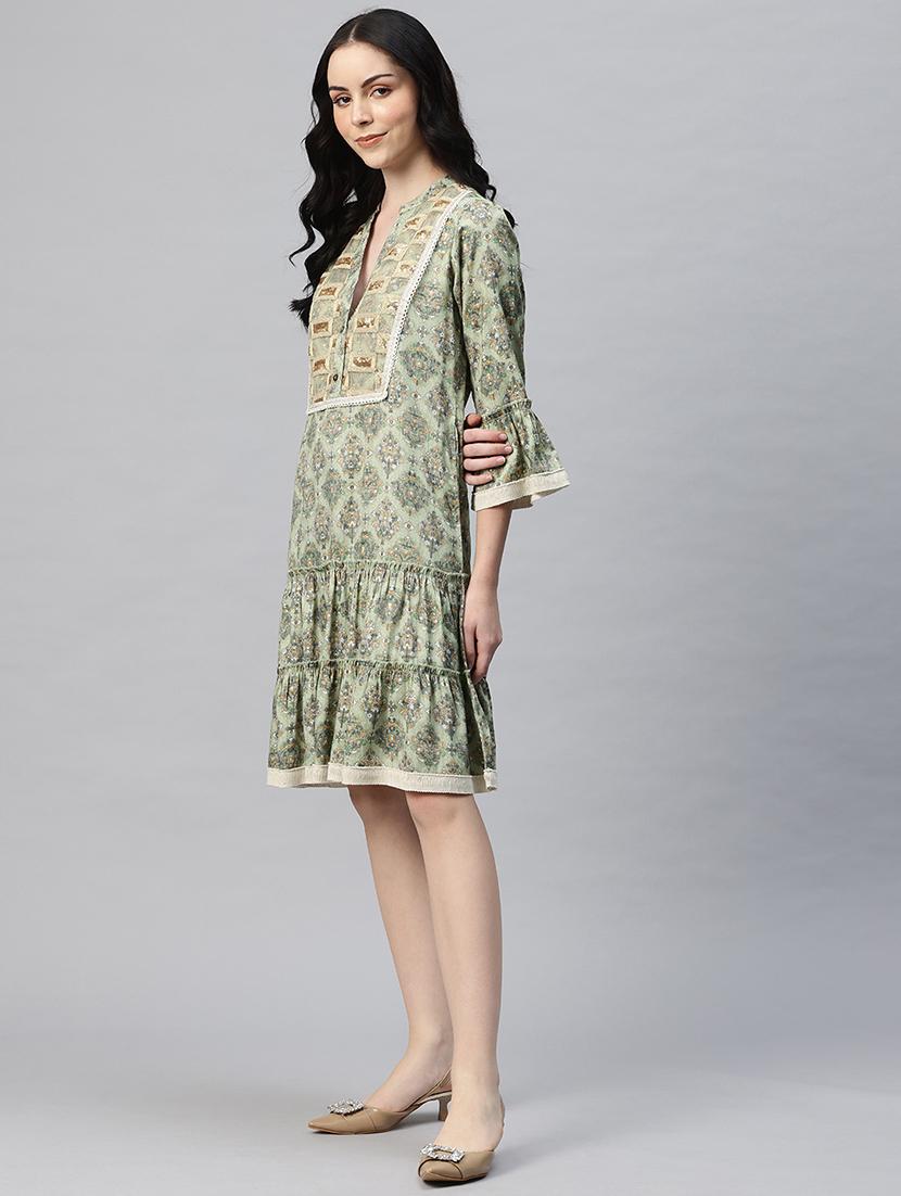 women printed mandarin neck tiered dress - 21796768 - Standard Image - 2