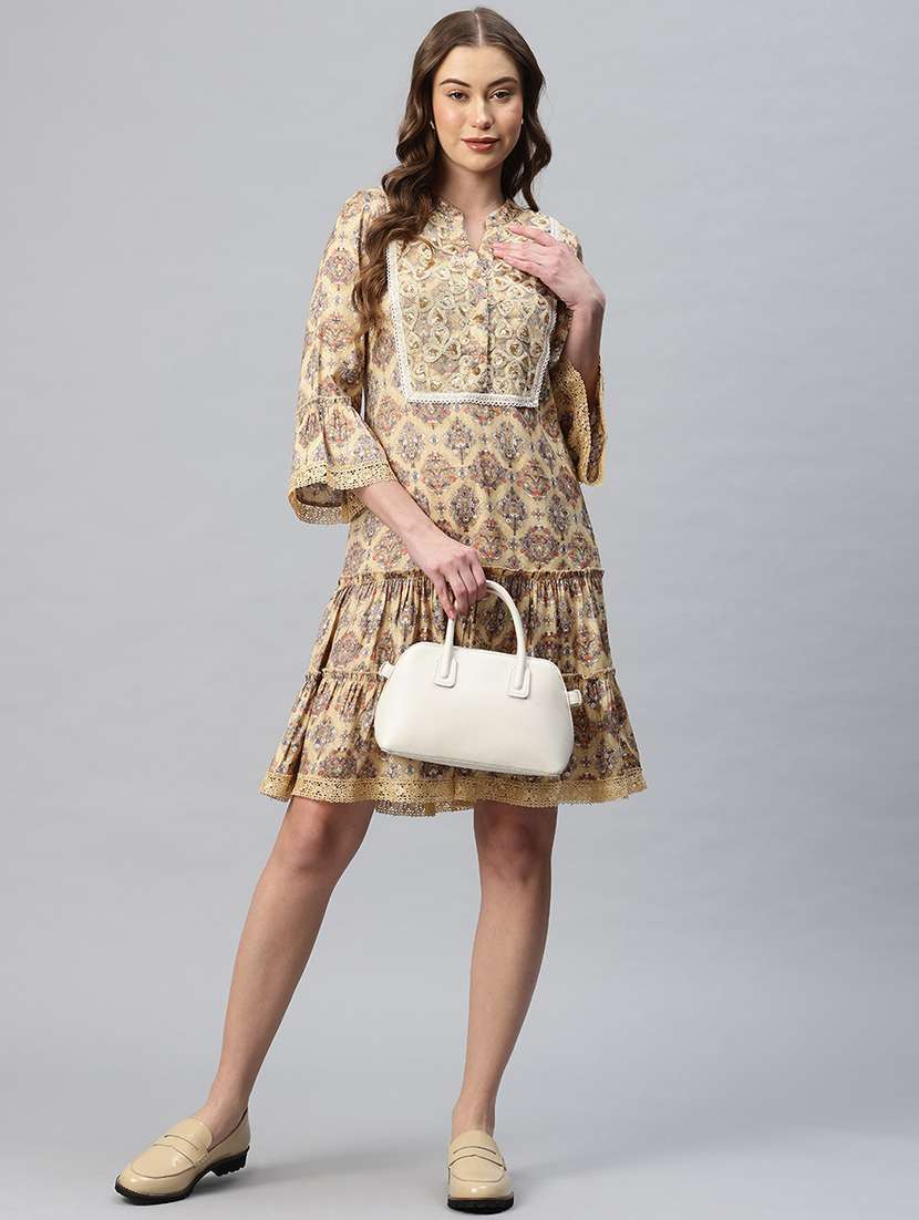 women printed bell sleeves tiered dress