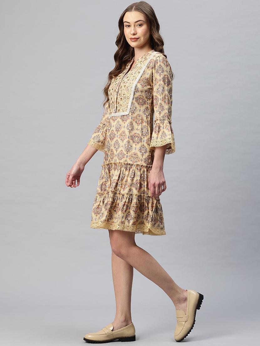women printed bell sleeves tiered dress - 21796769 - Standard Image - 2