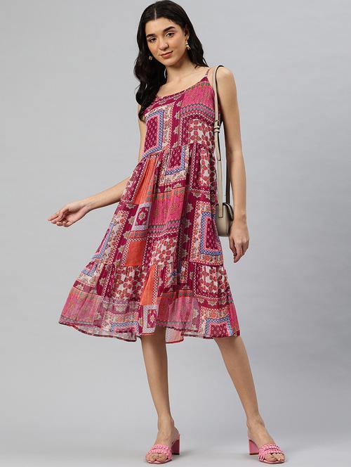 women printed shoulder strap sleeveless tiered dress - 21796770 -  Standard Image - 0
