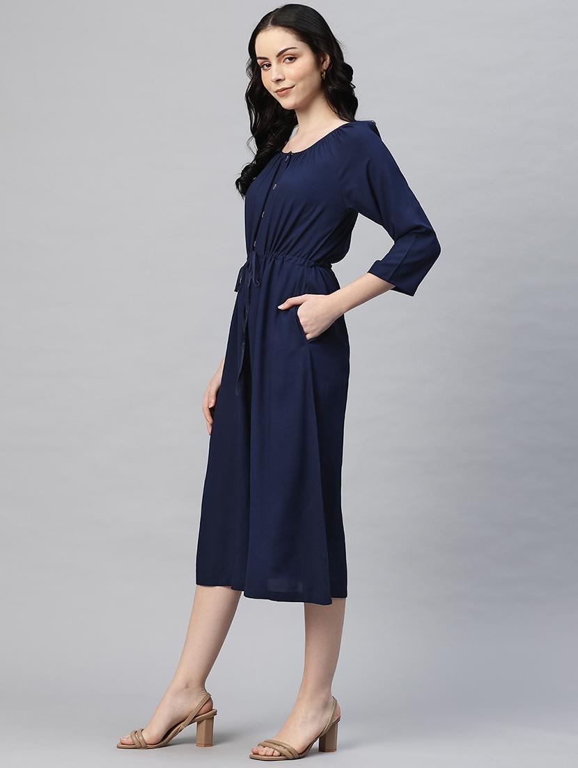 women solid round neck a-line dress - 21796777 - Standard Image - 2