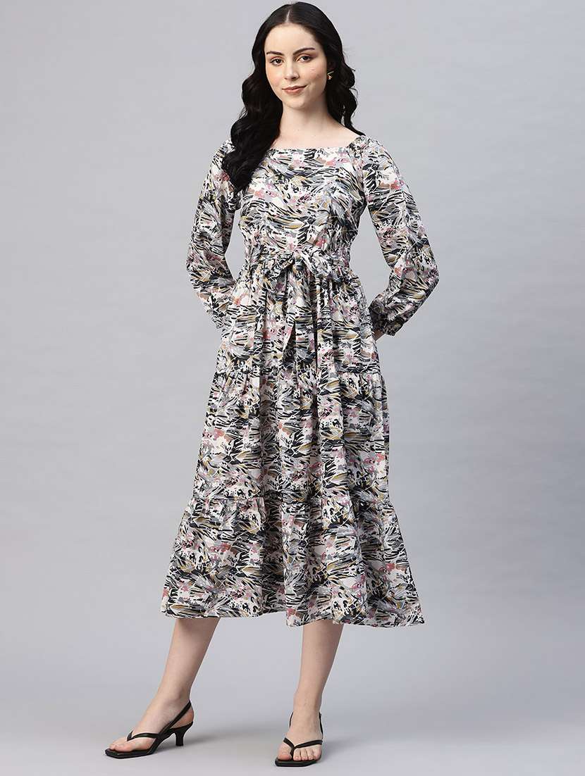 women printed puff sleeves tiered dress