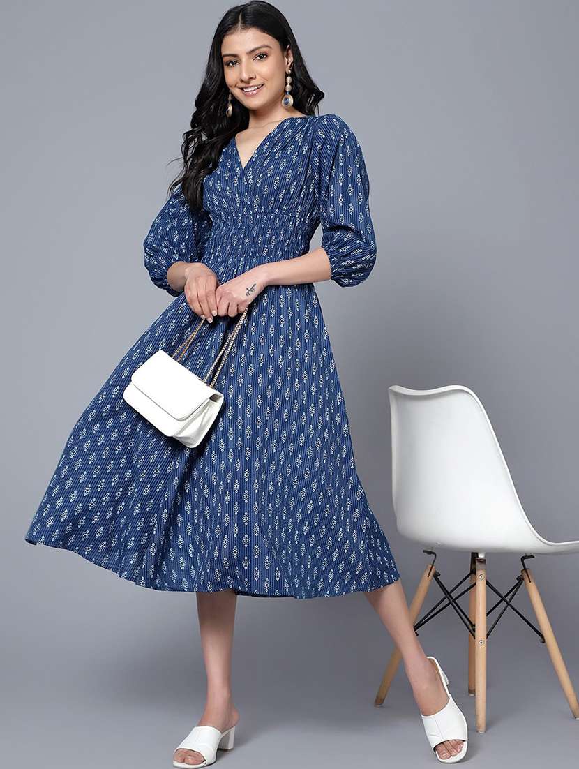 women navy blue three quarter sleeve flared ethnic dress