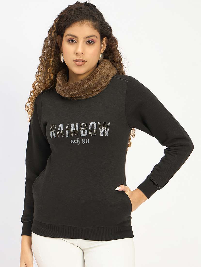 women chest printed high neck sweatshirt