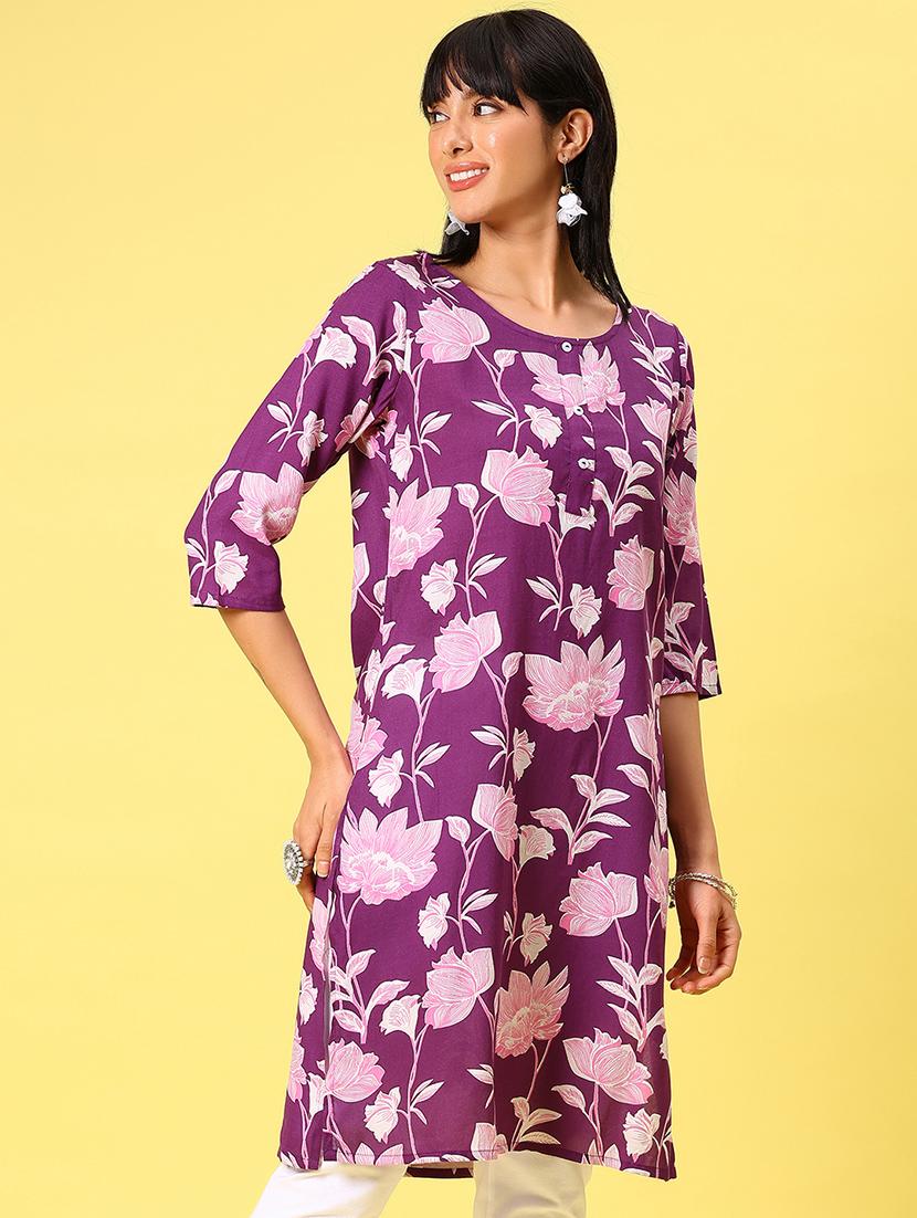 women purple floral print straight kurta - 21829900 - Standard Image - 2