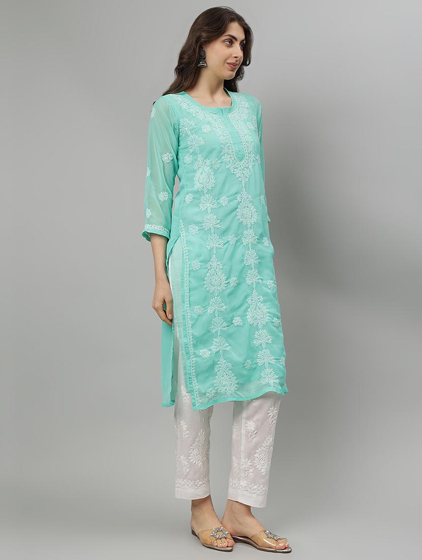women three quarter sleeve straight chikankari kurta - 21839455 - Standard Image - 2
