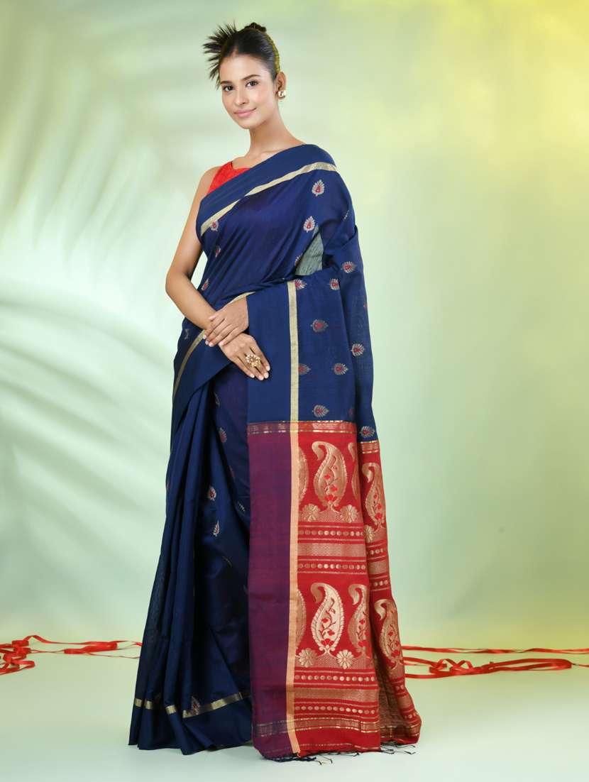 women blue handloom saree with blouse - 21839509 -  Standard Image - 2