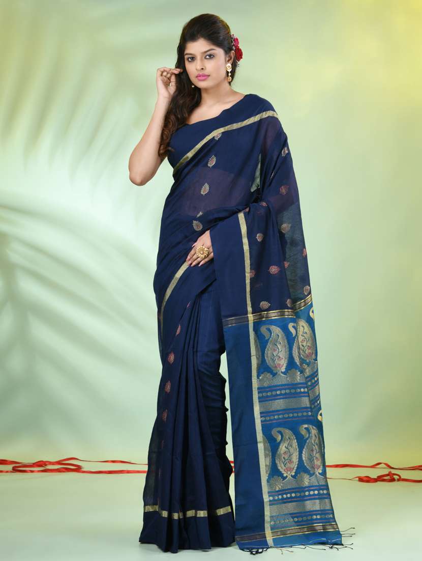 women blue handloom saree with blouse