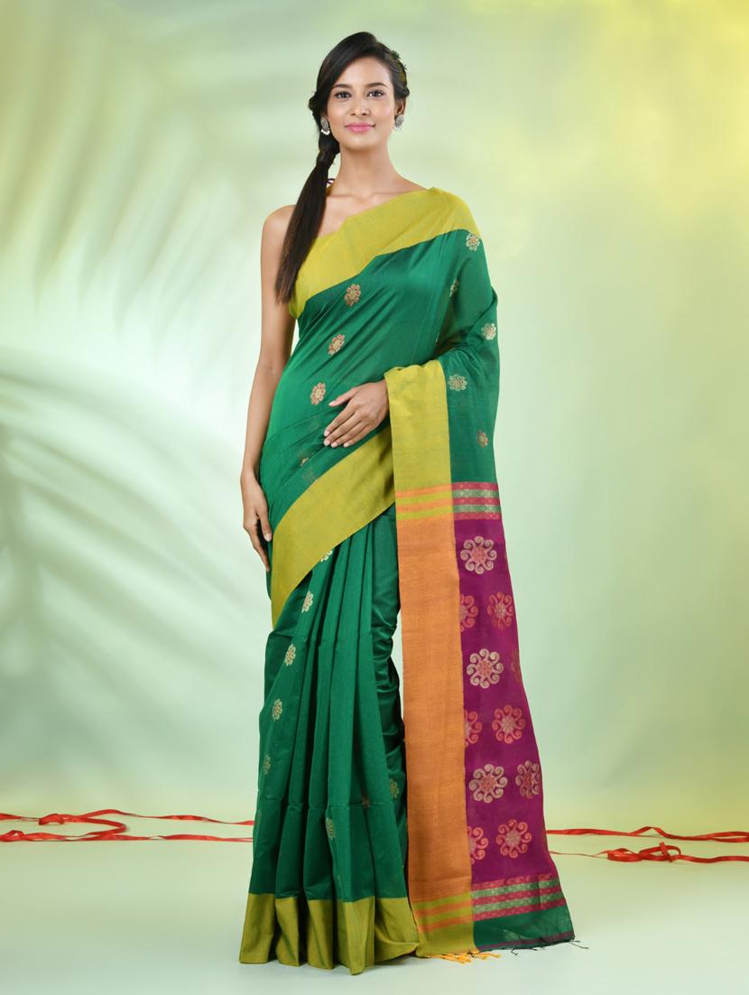 women green handloom saree with blouse - 21839512 -  Zoom Image - 0