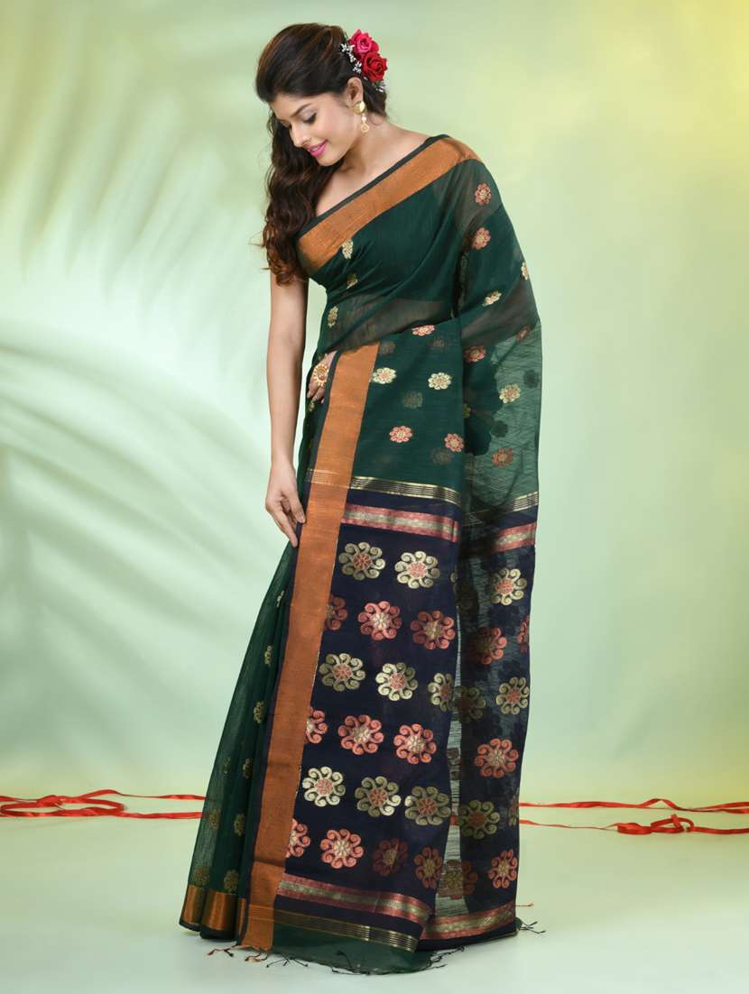 women bottle green handloom saree with blouse - 21839513 -  Standard Image - 2