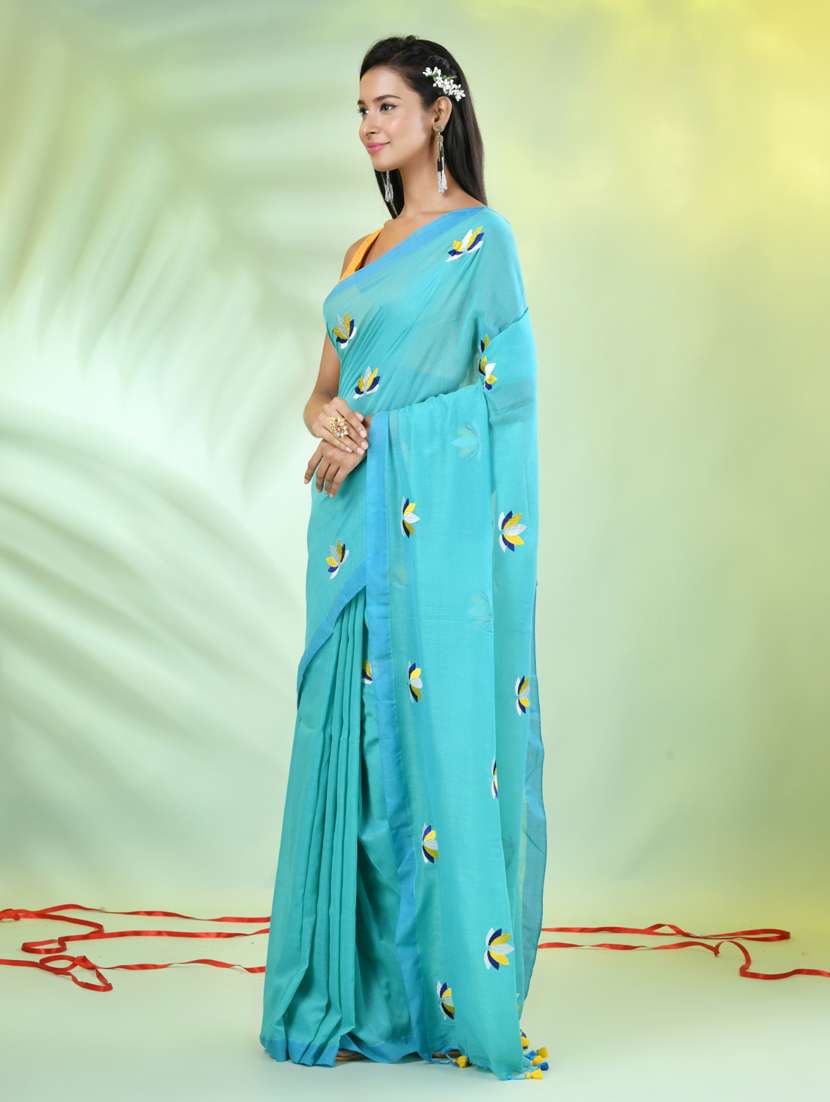 women turquoise embroidered saree with blouse - 21839562 -  Standard Image - 2
