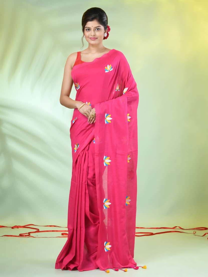 women pink embroidered saree with blouse