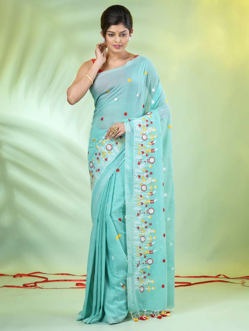 women light blue embroidered saree with blouse