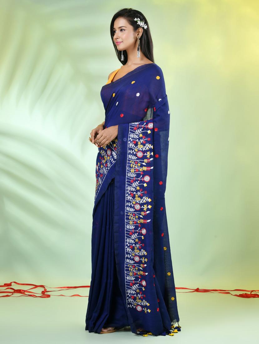 women blue embroidered saree with blouse - 21839591 - Standard Image - 2
