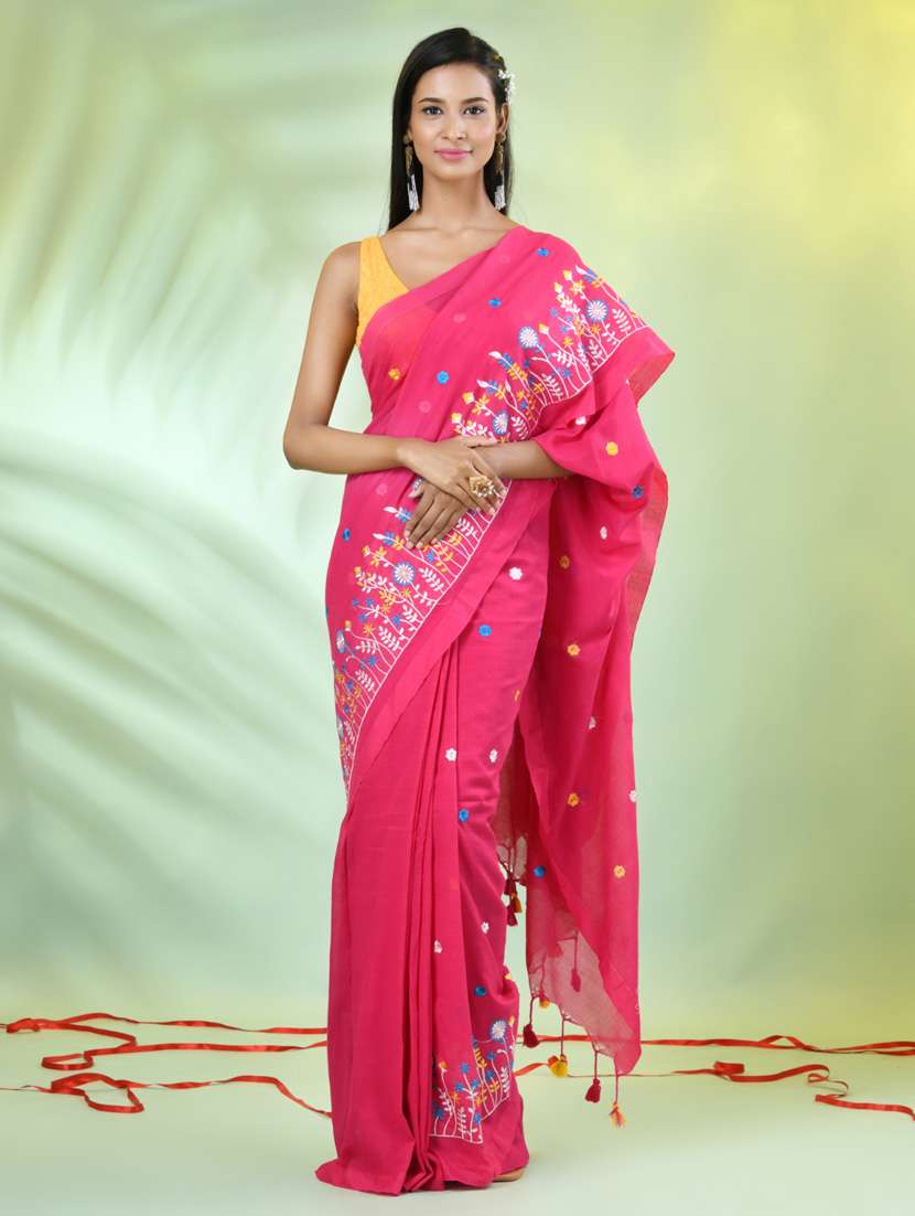 women pink embroidered saree with blouse