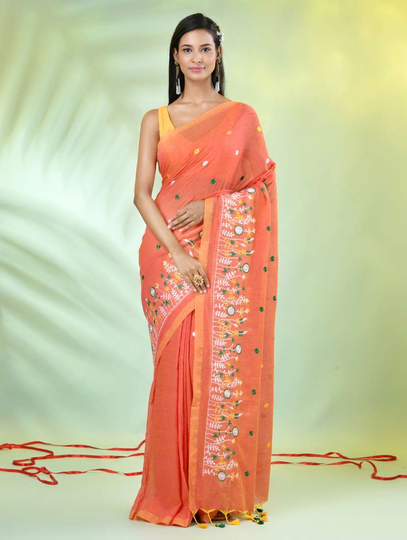 women orange embroidered saree with blouse