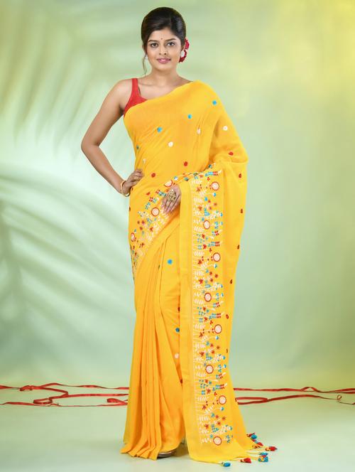women yellow embroidered saree with blouse - 21839596 - Standard Image - 0