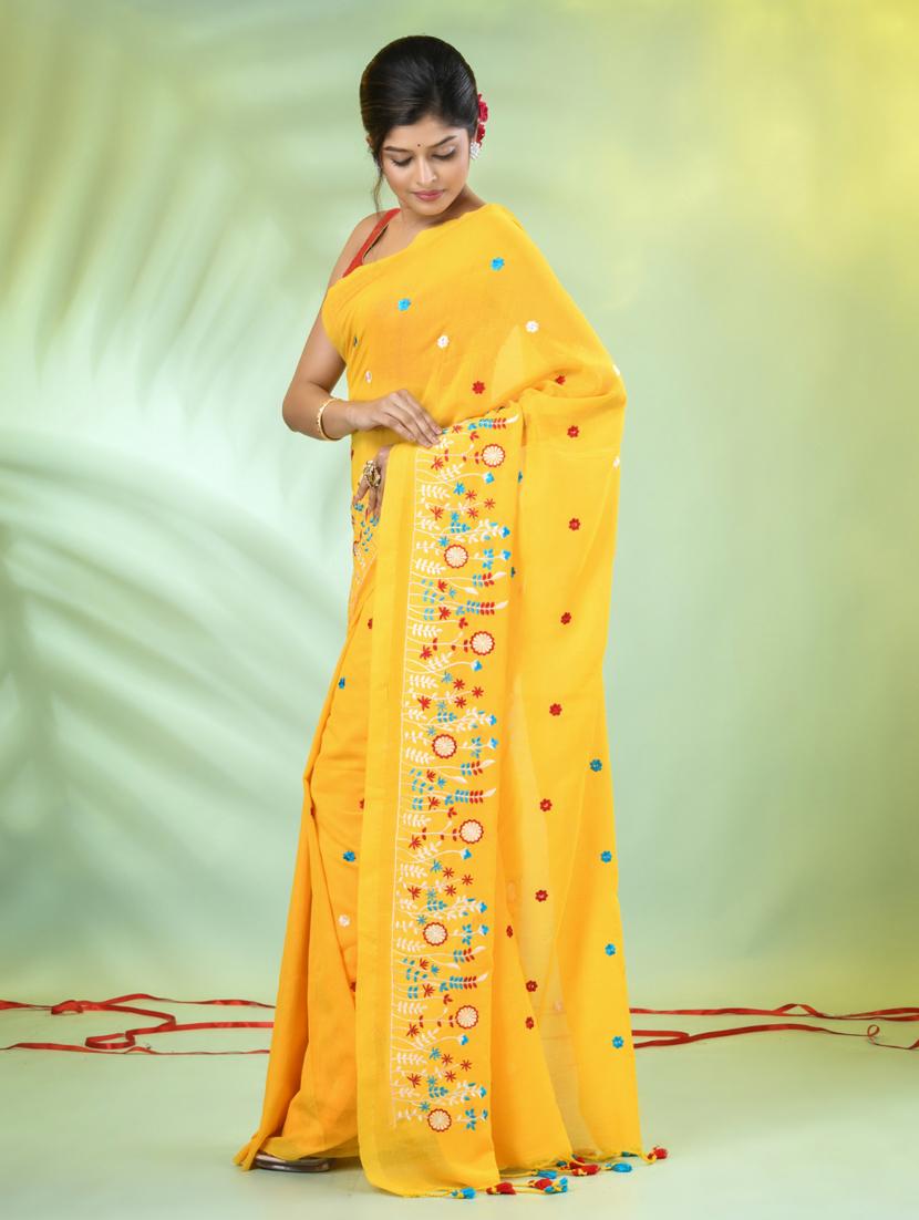 women yellow embroidered saree with blouse - 21839596 - Standard Image - 2